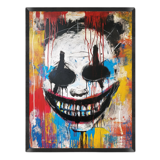 dark street art poster featuring a creepy skull-like clown face with a wide grinning mouth, black eye sockets, and dripping red paint against a vibrant graffiti splatter background of yellow, blue, and crimson, enclosed in a thin black frame