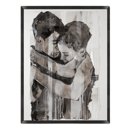 Artistic black and white depiction of a couple embracing, framed in black.
