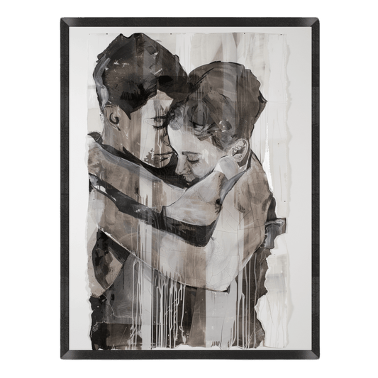 Artistic black and white depiction of a couple embracing, framed in black.