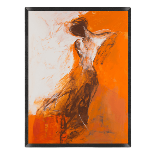 Expressive abstract painting of a dancing female figure, featuring loose charcoal-like sketches and vibrant orange and white painterly brushstrokes.