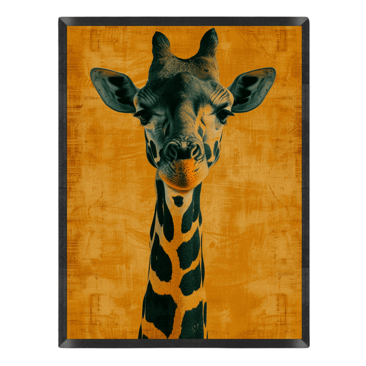 Framed artwork of a giraffe on an orange background