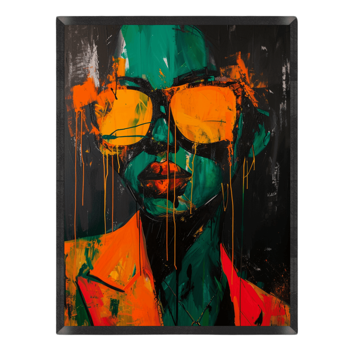 Expressive portrait art print featuring a figure with deep green skin wearing large bright orange sunglasses, vibrant orange jacket details, and dripping paint accents against a dark background.