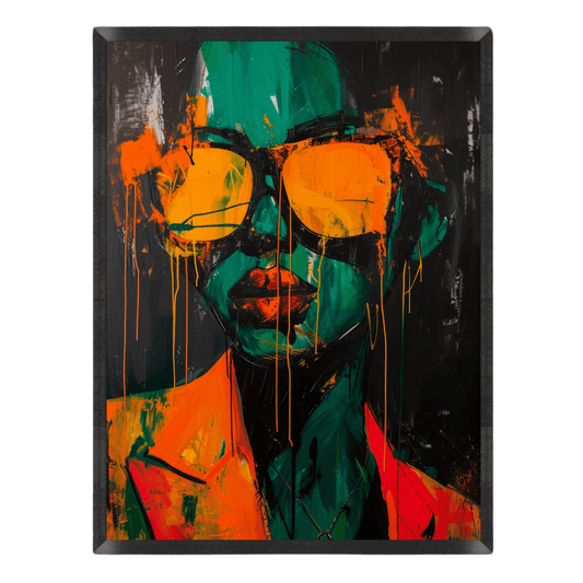 Expressive portrait art print featuring a figure with deep green skin wearing large bright orange sunglasses, vibrant orange jacket details, and dripping paint accents against a dark background.