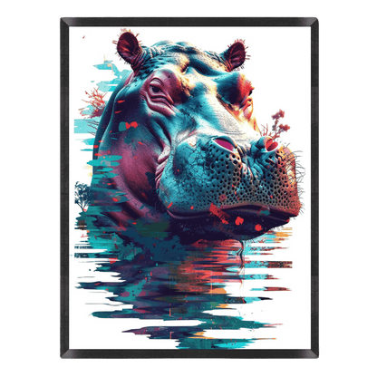 Colorful hippo illustration with abstract water effect on a white background