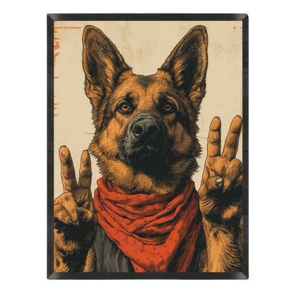 Illustration of a dog wearing a red bandana and making peace signs with its paws.