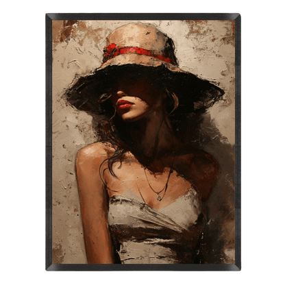 Artistic depiction of a woman wearing a wide-brimmed hat with a red ribbon against a textured background.
