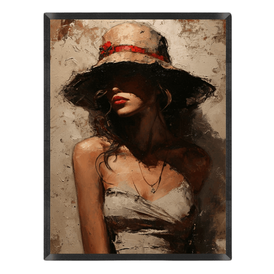 Artistic depiction of a woman wearing a wide-brimmed hat with a red ribbon against a textured background.