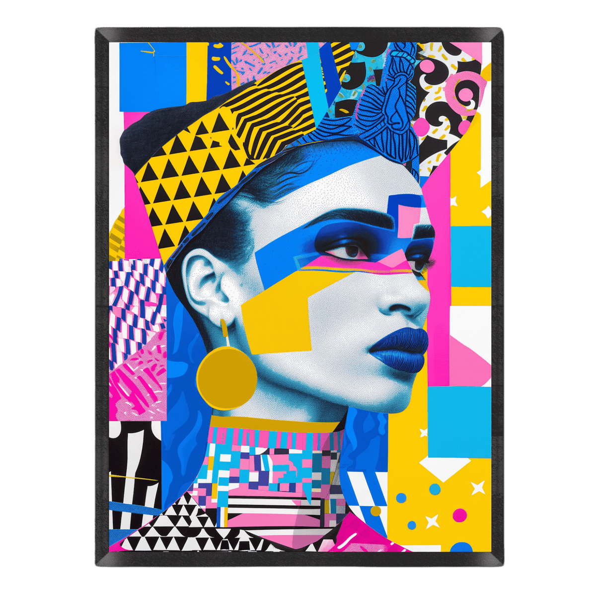 Colorful abstract art print of a stylized face with geometric patterns on a black background