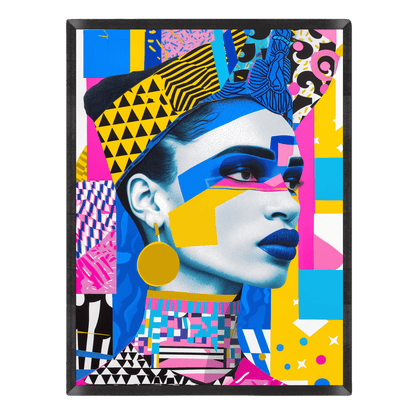Colorful abstract art print of a stylized face with geometric patterns on a black background
