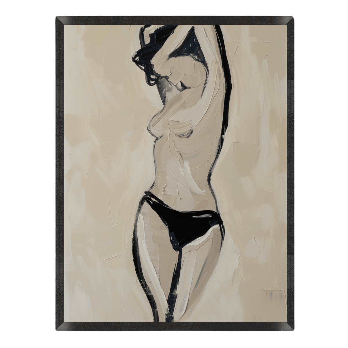 Framed minimalist figure painting of a woman in black bottoms, rendered with thick impasto brushstrokes, bold black outlines, and a neutral beige backdrop set inside a black frame.