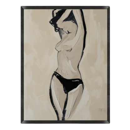 Framed minimalist figure painting of a woman in black bottoms, rendered with thick impasto brushstrokes, bold black outlines, and a neutral beige backdrop set inside a black frame.
