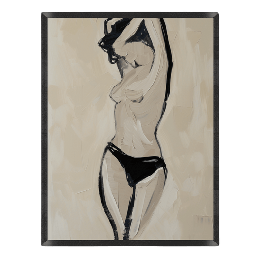 Framed minimalist figure painting of a woman in black bottoms, rendered with thick impasto brushstrokes, bold black outlines, and a neutral beige backdrop set inside a black frame.