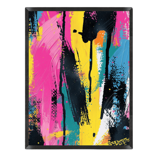 90s-style abstract graffiti art print featuring bold paint drips, thick textured brushstrokes, and energetic splatters in vibrant neon pink, bright yellow, turquoise blue, and black, enclosed in a thin black frame