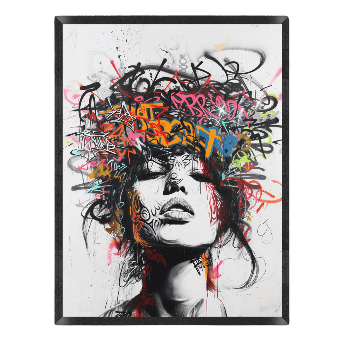 Framed artwork of a stylized face with colorful graffiti elements on a white background