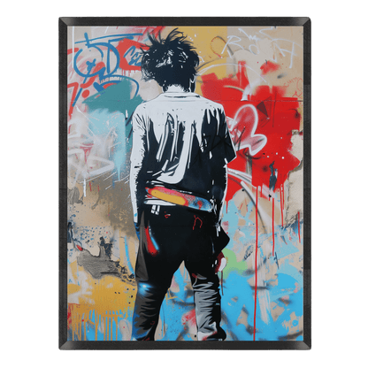 Street art wall print featuring a stencil figure with messy dark hair seen from behind, standing against an urban wall filled with colorful graffiti tags and spray paint drips in red, blue, and yellow set in a black frame.