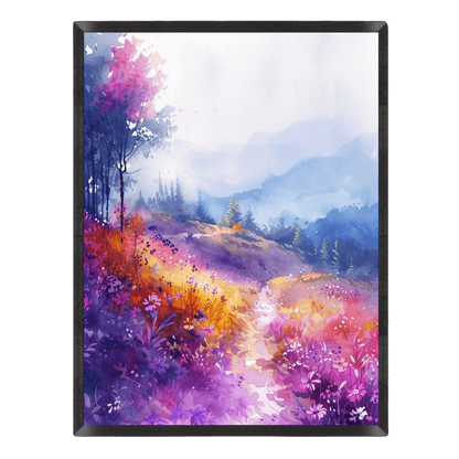 Framed artwork of a colorful landscape with trees and flowers