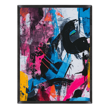 Abstract art piece with vibrant colors and dynamic shapes on a black background