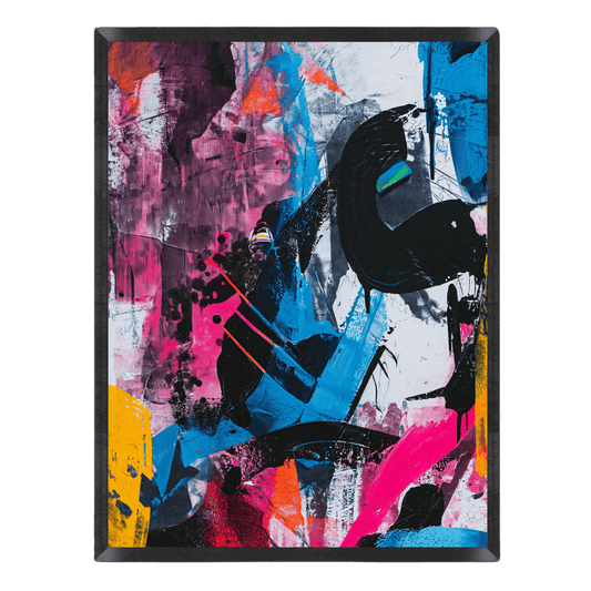 Abstract art piece with vibrant colors and dynamic shapes on a black background