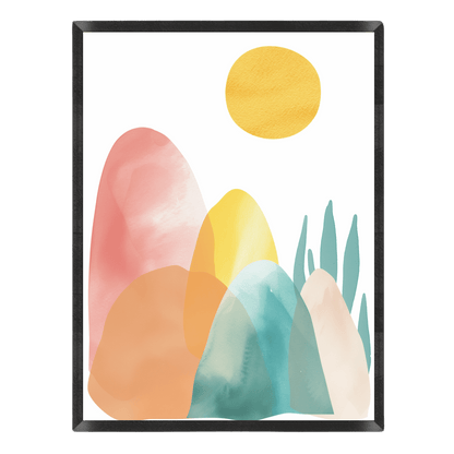 Framed abstract art print with colorful shapes on a white background