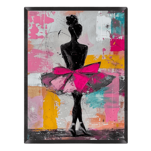 Abstract art print of a ballerina with a pink tutu on a colorful abstract background.