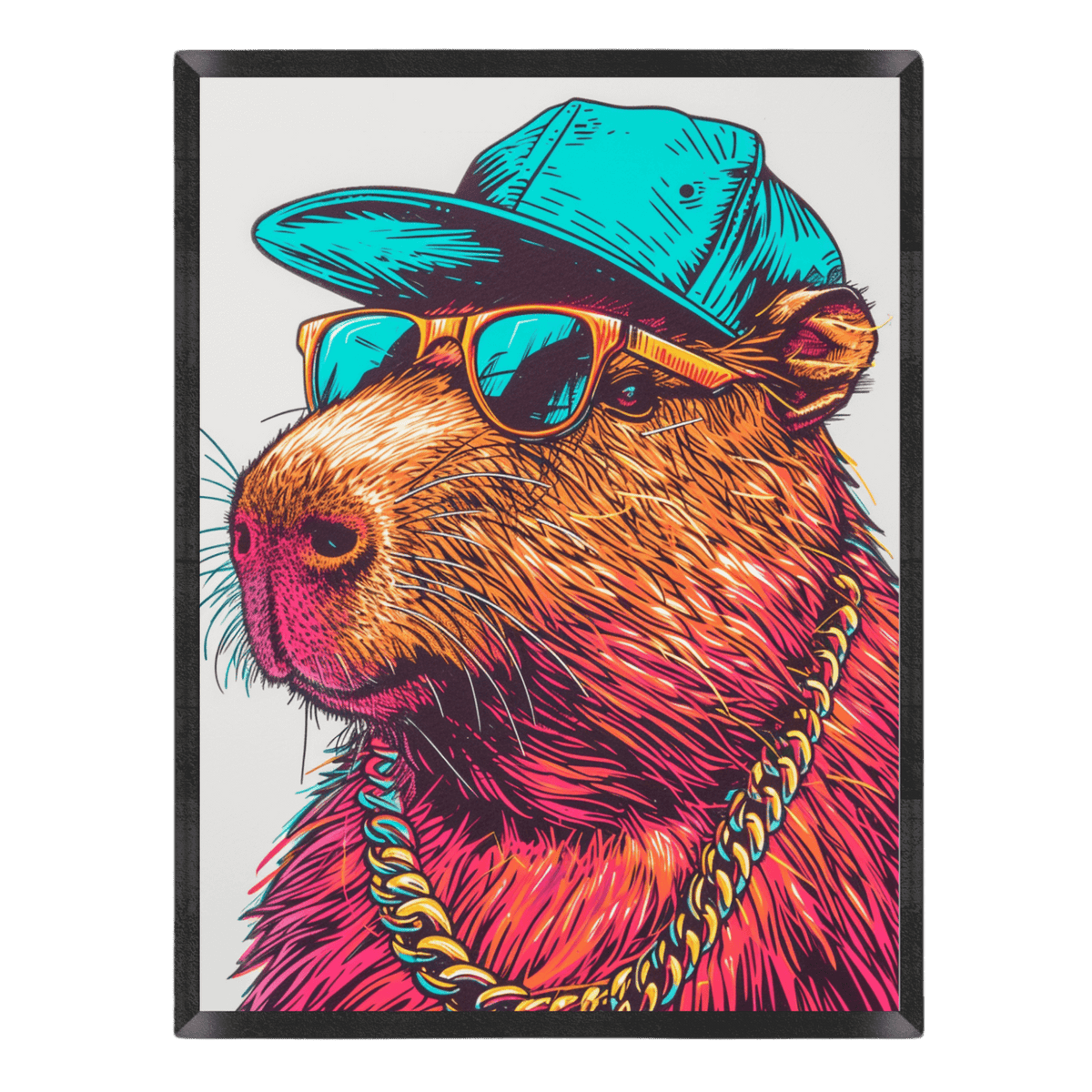 Colorful illustration of a rodent wearing sunglasses and a cap on a white background