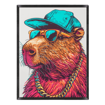 Colorful illustration of a rodent wearing sunglasses and a cap on a white background