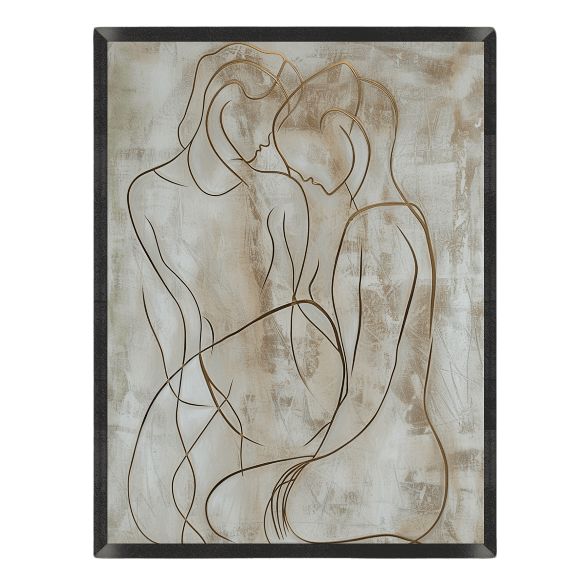 Abstract line art of two figures on a textured beige background
