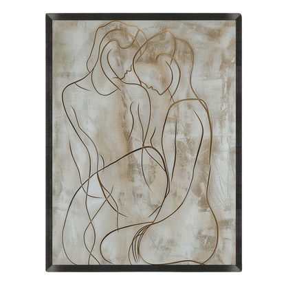 Abstract line art of two figures on a textured beige background
