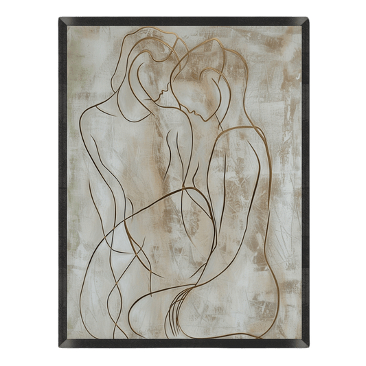 Abstract line art of two figures on a textured beige background