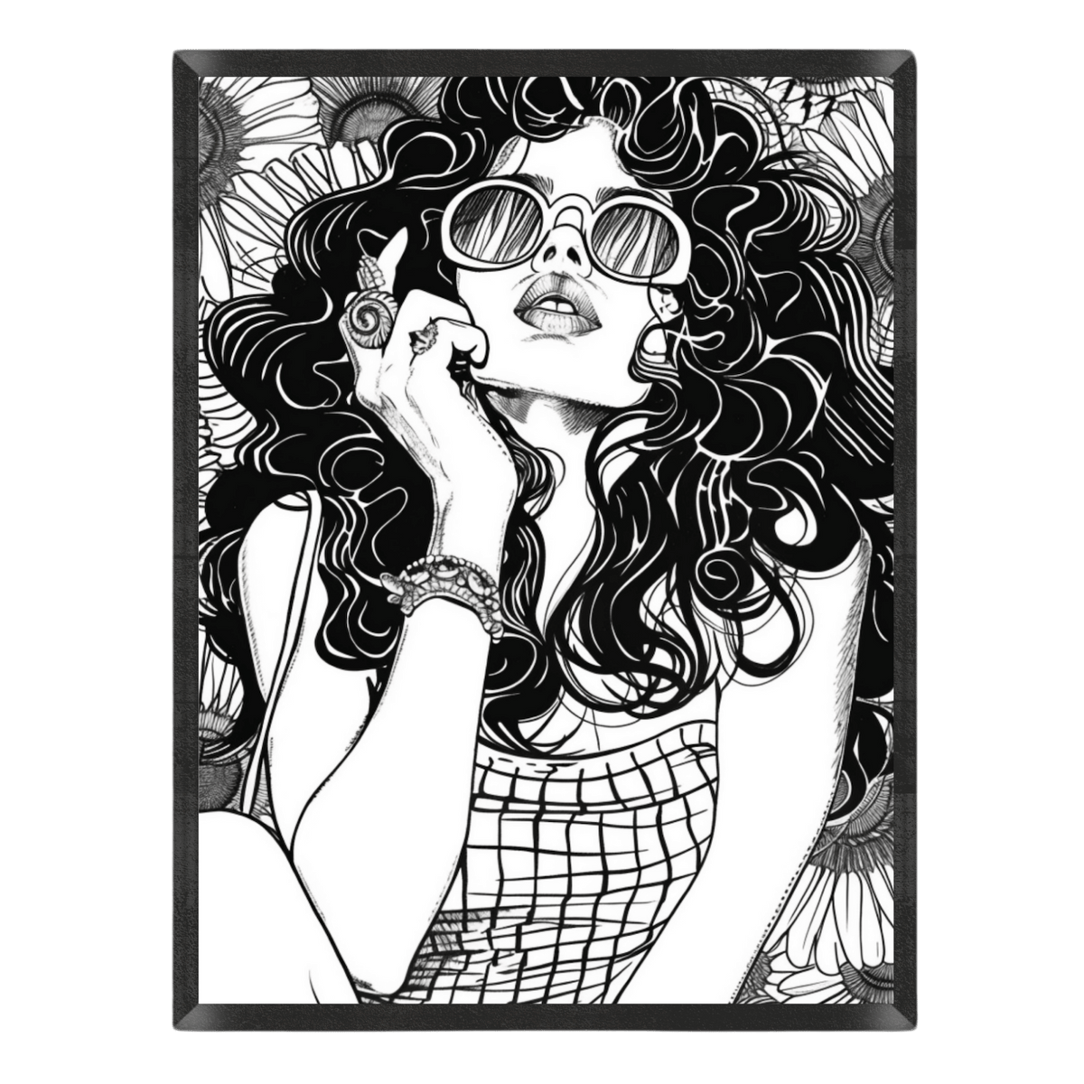 Black and white illustration of a woman with sunglasses and floral patterns