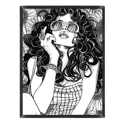 Black and white illustration of a woman with sunglasses and floral patterns