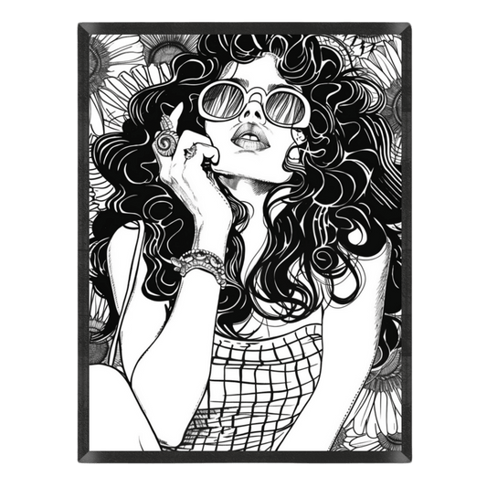 Black and white illustration of a woman with sunglasses and floral patterns