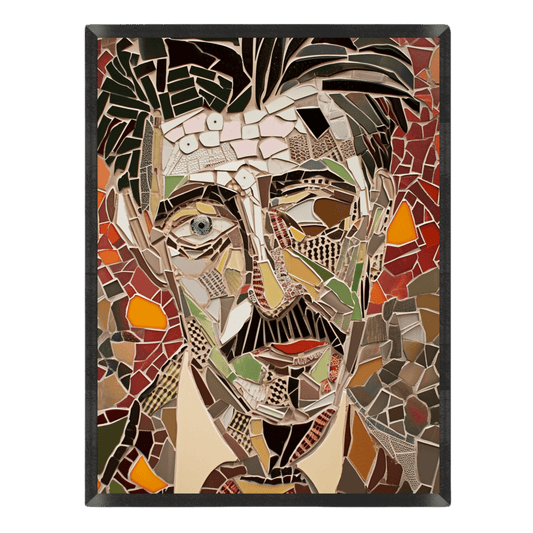 cubist mosaic portrait poster featuring a man with a mustache composed of detailed ceramic tile fragments, glass pieces, and patterned shards in earthy cream, olive green, terracotta red, and dark brown tones, enclosed in a thin black frame