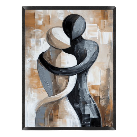 Abstract painting of two figures embracing on a textured background