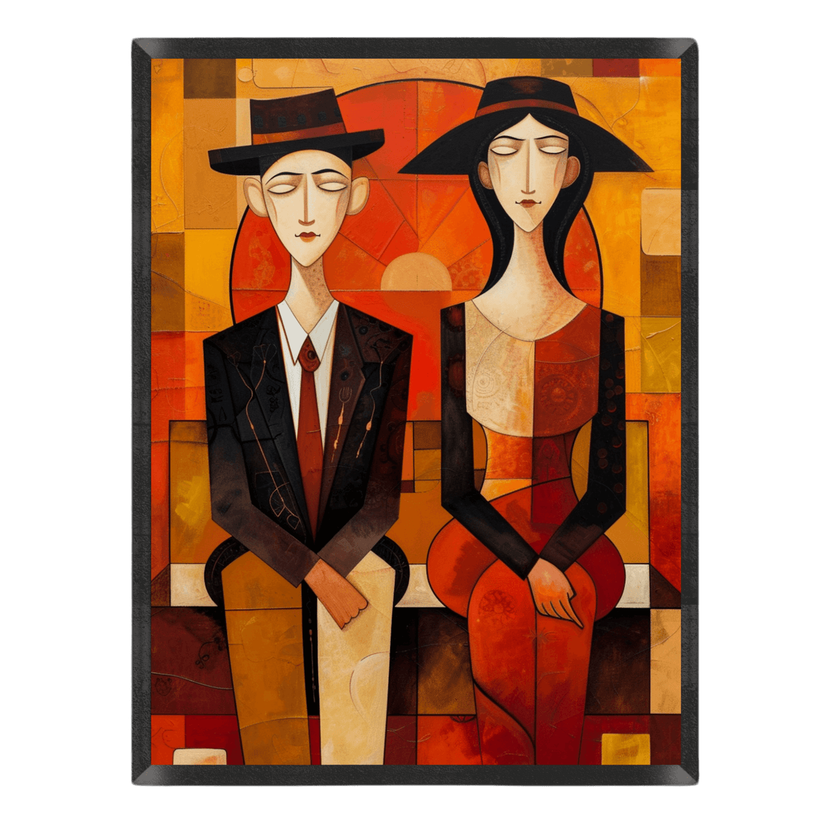Artistic depiction of a man and woman sitting together on a colorful geometric background