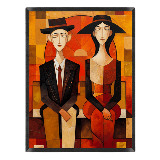 Artistic depiction of a man and woman sitting together on a colorful geometric background