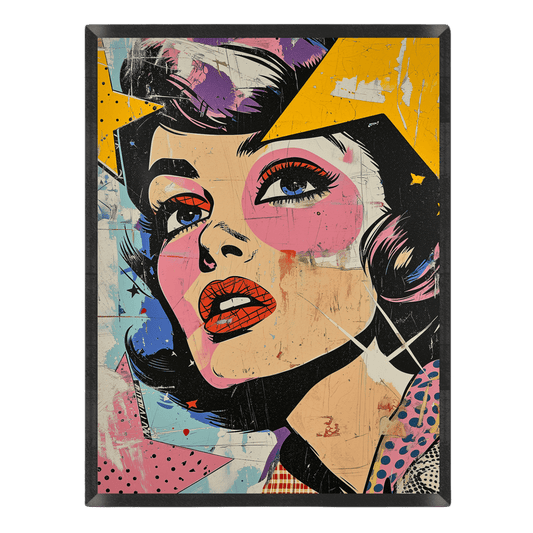 Colorful abstract art print of a woman's face with geometric shapes on a black background