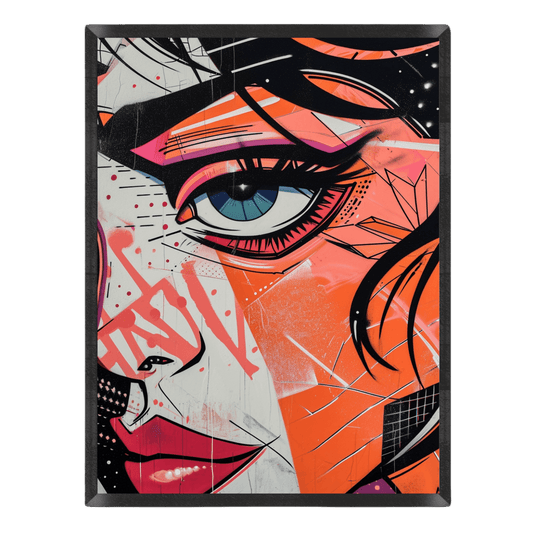 Colorful abstract art piece with a stylized face and eye on a black background