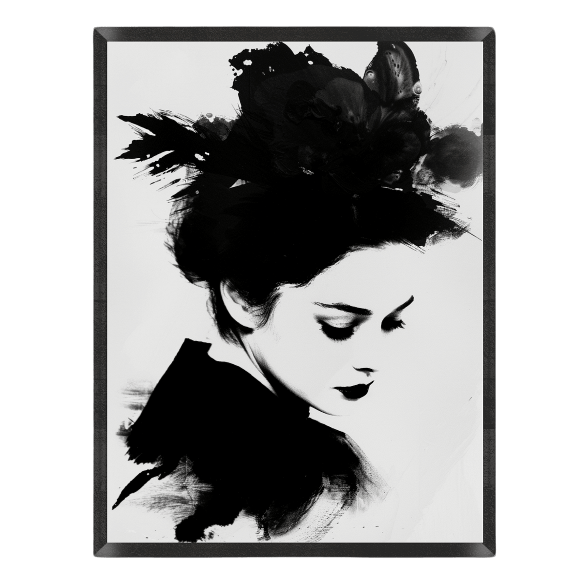 Black and white artwork of a woman with flowers in her hair