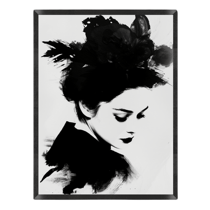 Black and white artwork of a woman with flowers in her hair