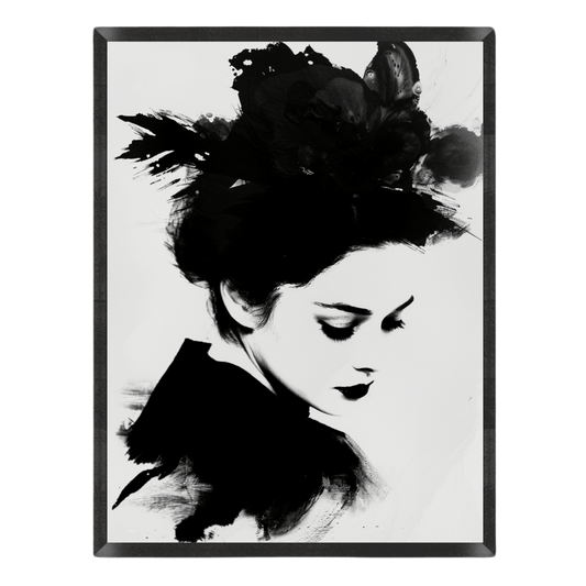 Black and white artwork of a woman with flowers in her hair