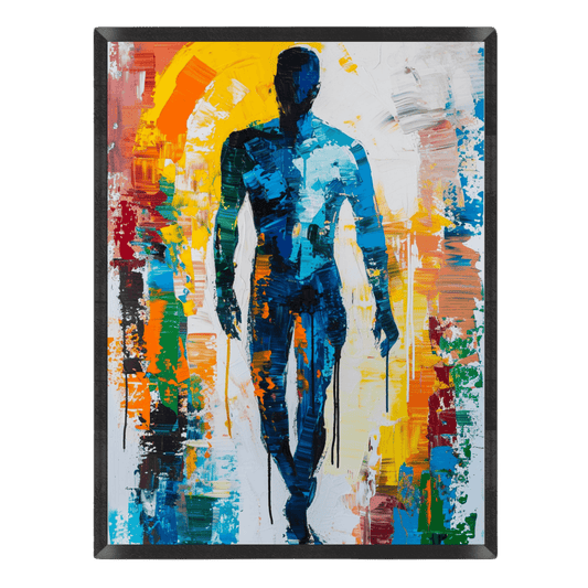 Abstract artwork of a figure with vibrant colors on a white background