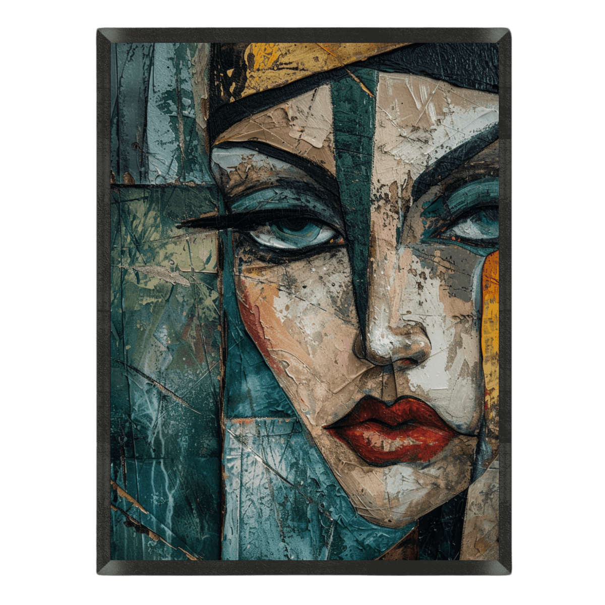 Abstract art piece of a face with a black frame