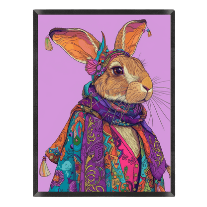 Colorful illustration of a rabbit wearing a headband and scarf on a purple background