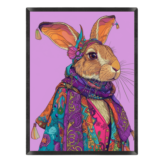 Colorful illustration of a rabbit wearing a headband and scarf on a purple background