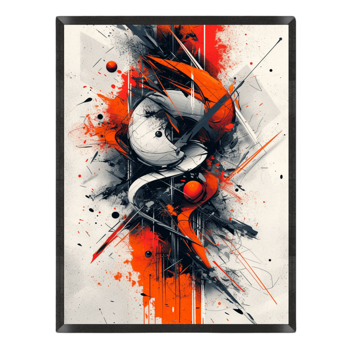 Abstract art print with orange, black, and white colors on a light background