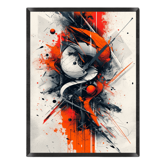 Abstract art print with orange, black, and white colors on a light background