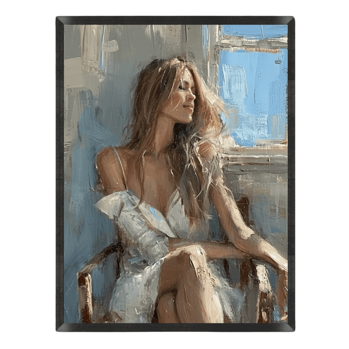 Painting of a woman sitting on a chair with a blurred background