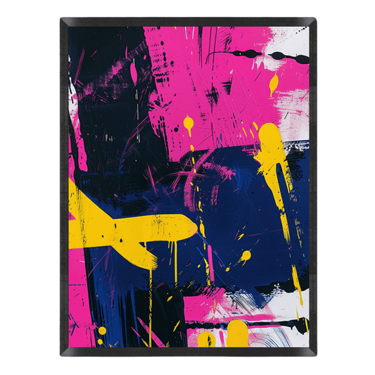 vibrant abstract expressionist graffiti poster featuring dynamic yellow paint splatters, drips, and bold brushstrokes against a deep navy blue and hot pink background, enclosed in a thin black frame