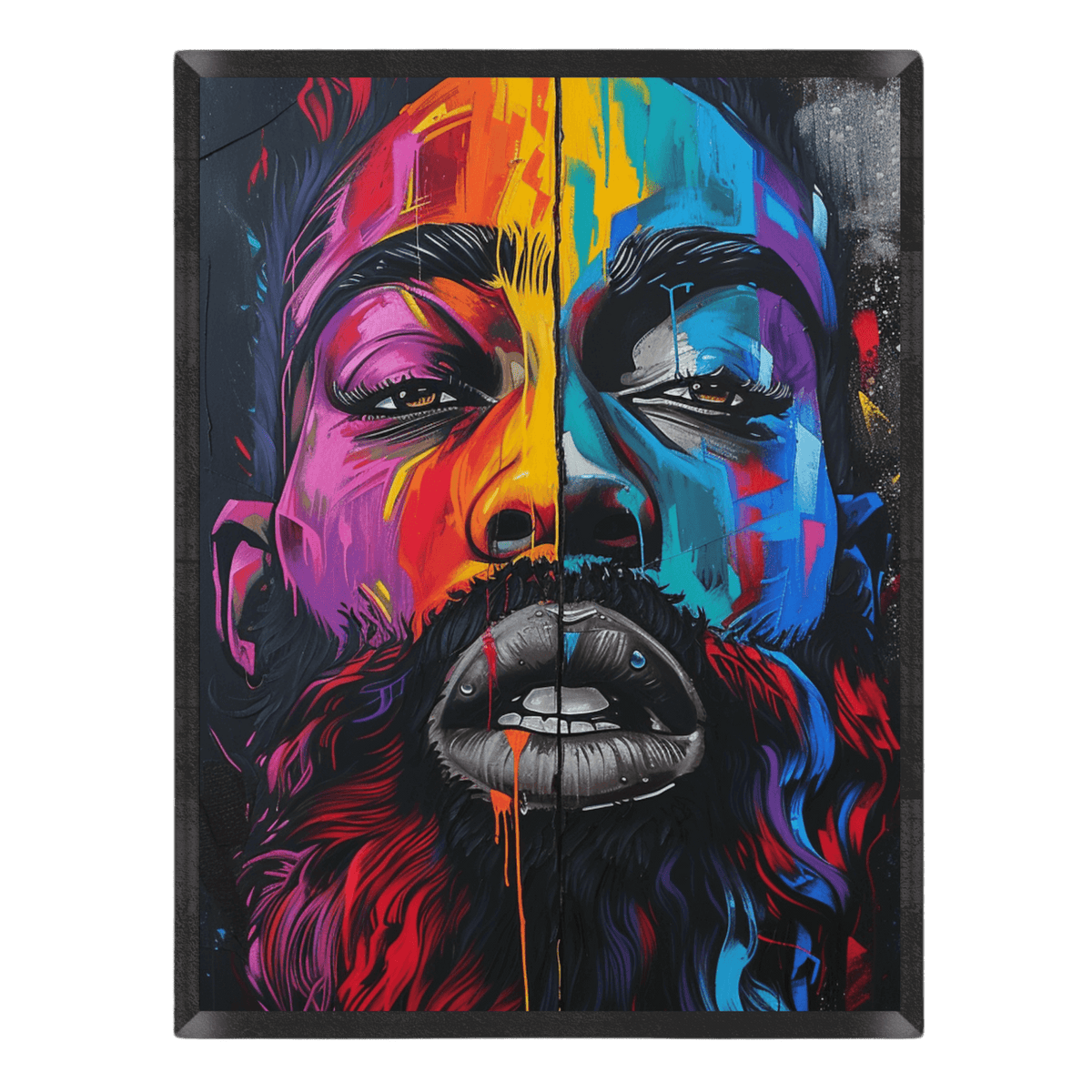 Colorful abstract painting of a face with a black frame